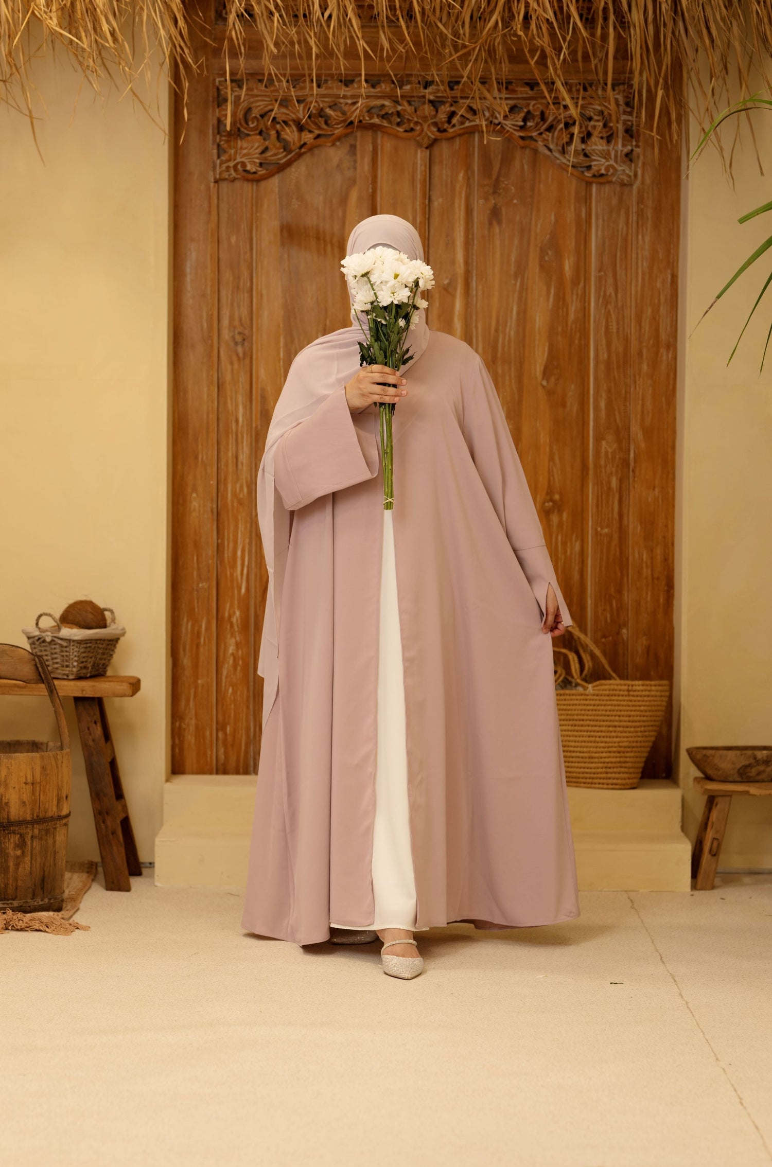 Rose Mist women abaya front view – stylish and elegant modest wear