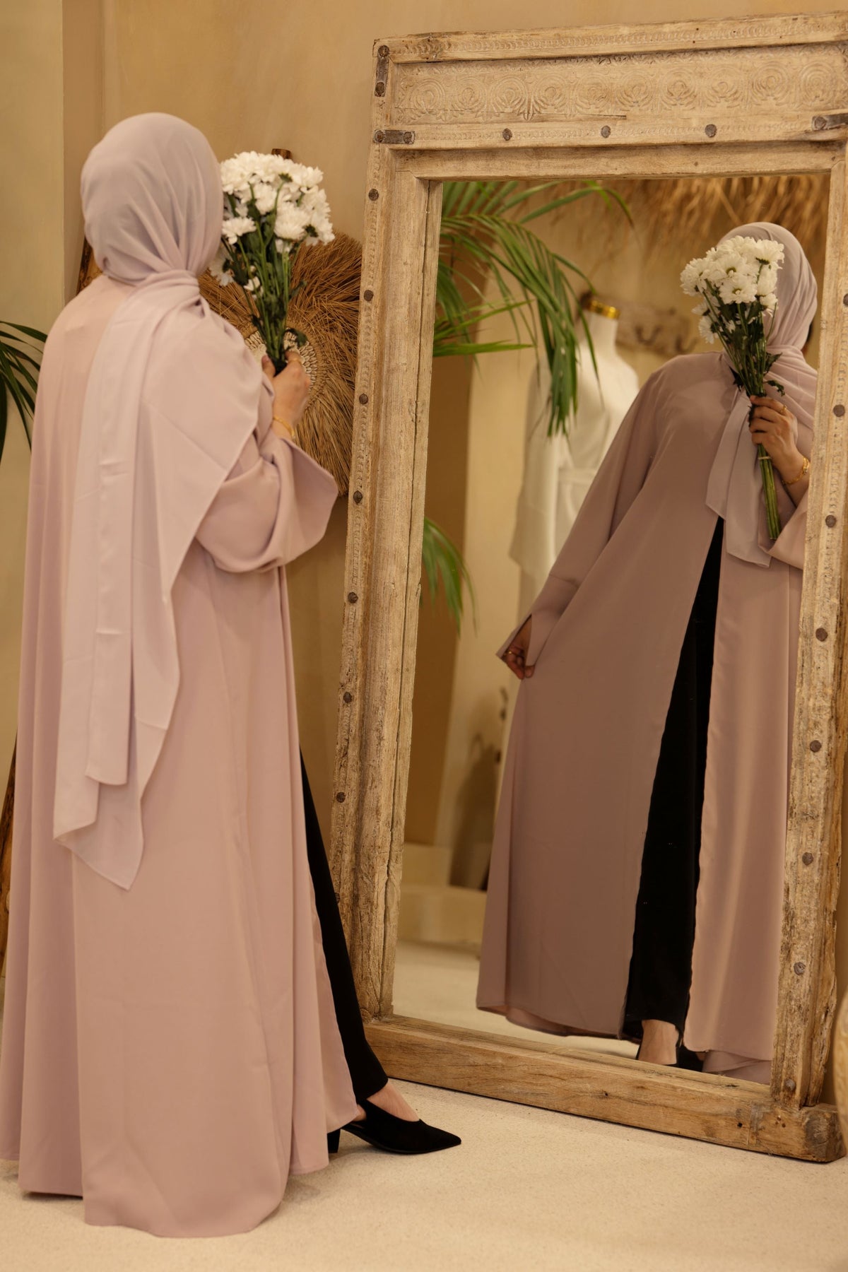 Rose_Mist abaya styled elegantly for modern modest fashion, showing how to style a simple abaya for a luxury look