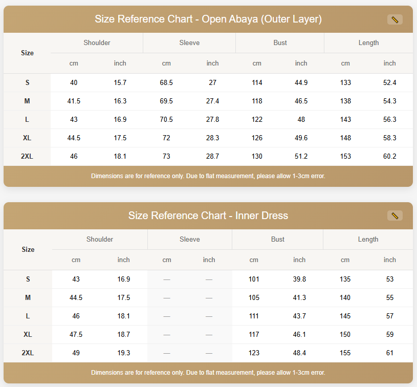 Size Guide for Cocoa brown crinkle abaya 3-piece set – Qalbi