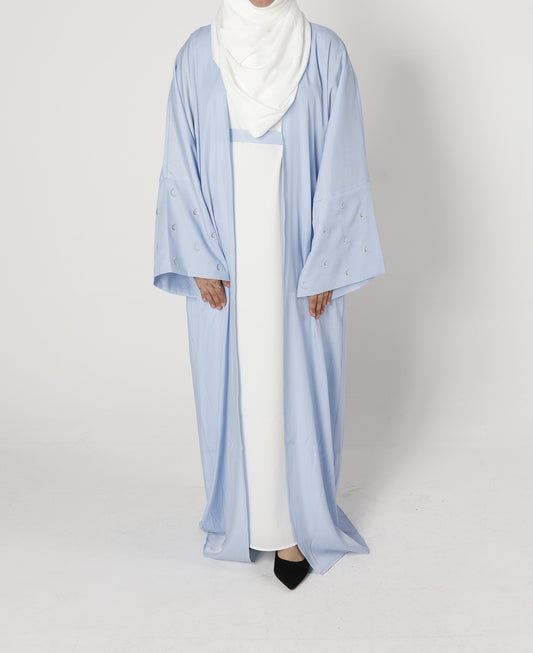 Front view of Crescent abaya in blue pearl with moon sleeve embroidery – Qalbi modest fashion