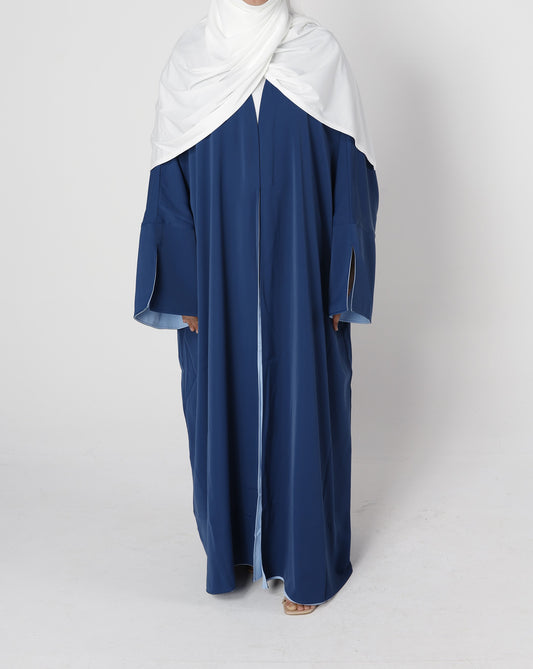 Front view of Riwaaya double-sided abaya in midnight blue haze – Qalbi modest wear
