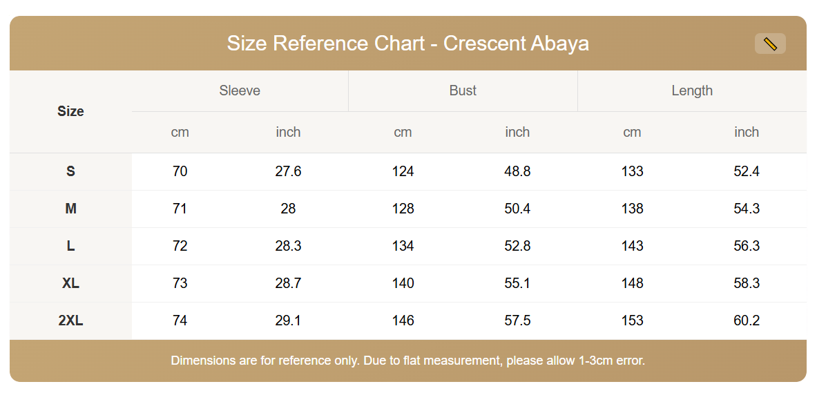 Size Guide Crescent abaya in black with moon embroidery on sleeves – Qalbi modest wear