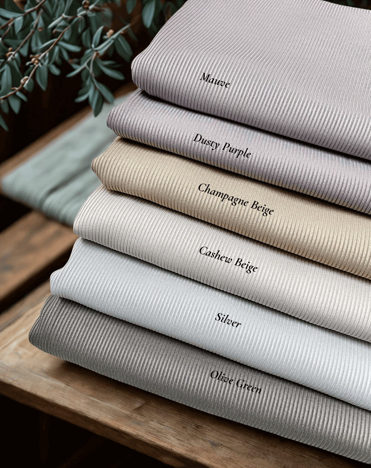 Flat lay of hijabs stacked including olive green, mauve, silver, dusty purple, cashew beige, champagne beige  textured jersey hijab – Qalbi