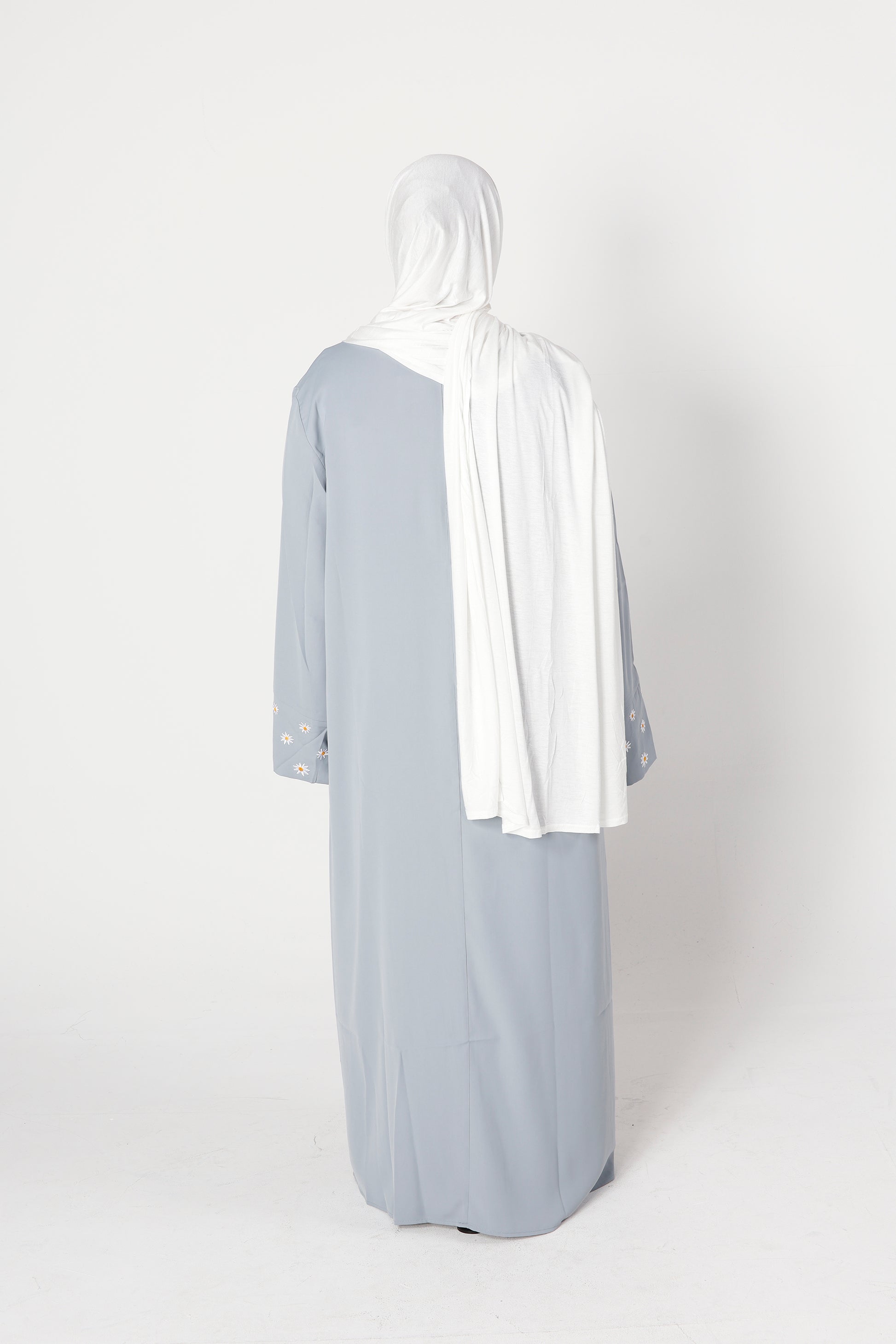 Back view of Zahra abaya in silver mist grey with embroidery detail – Qalbi modest clothing