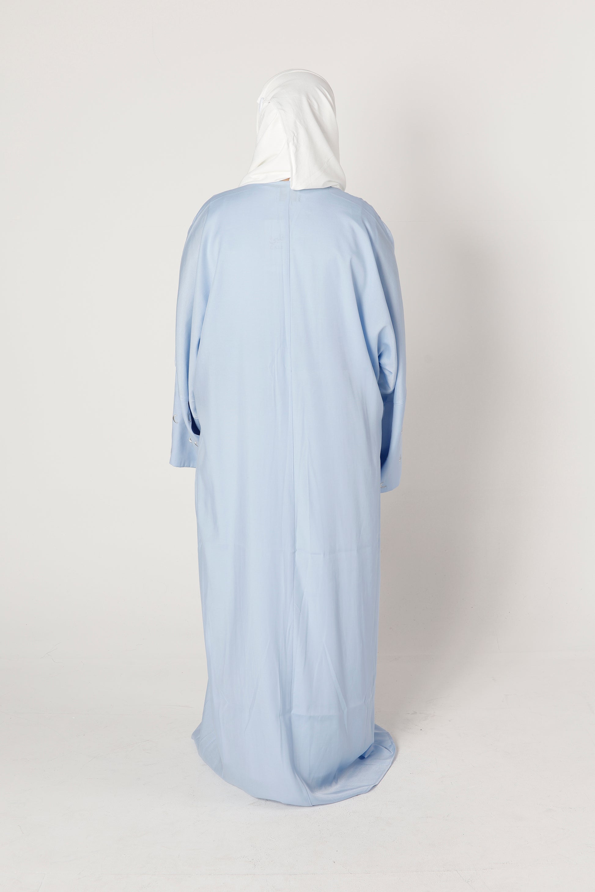 Back view of Crescent abaya in blue pearl elegant modest wear – Qalbi