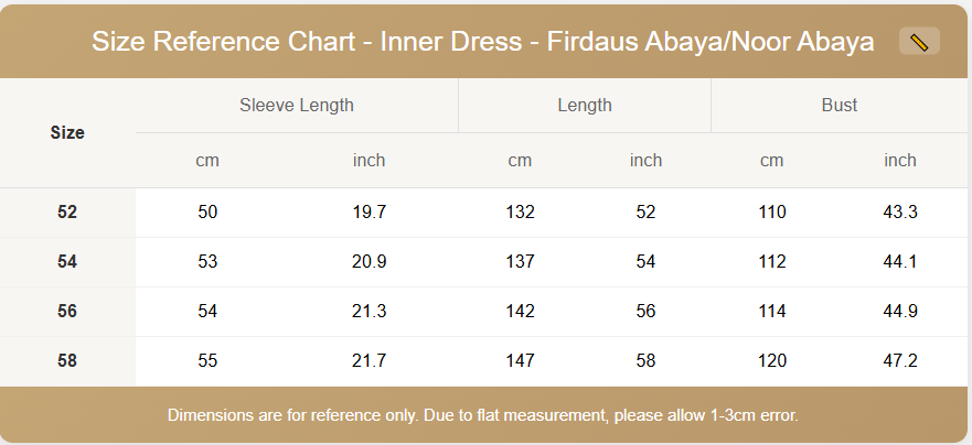 Size reference chart for Inner Dress with measurements in centimeters and inches.