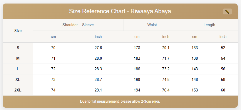 Size Guide Mocha desert sand Riwaaya abaya double-sided style – Qalbi modest wear