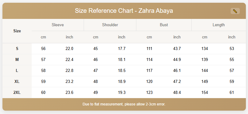 Size guide for the grey silver mist abaya.
