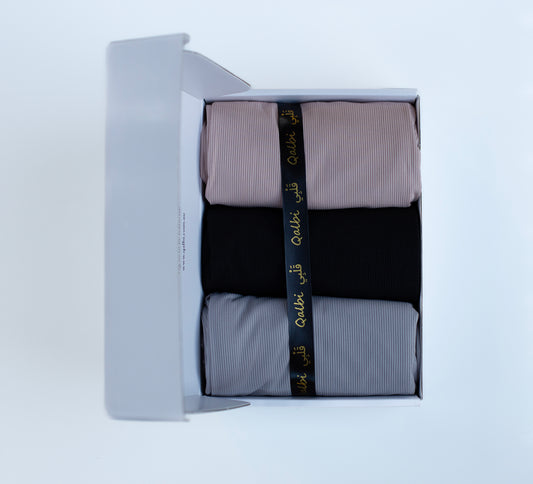 Elegant Hijab Gift Box showcasing folded textured jersey hijabs in assorted colours