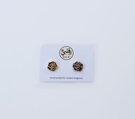 Rose-shaped Chrome Hijab Magnets on a QALBI branded card with a white background