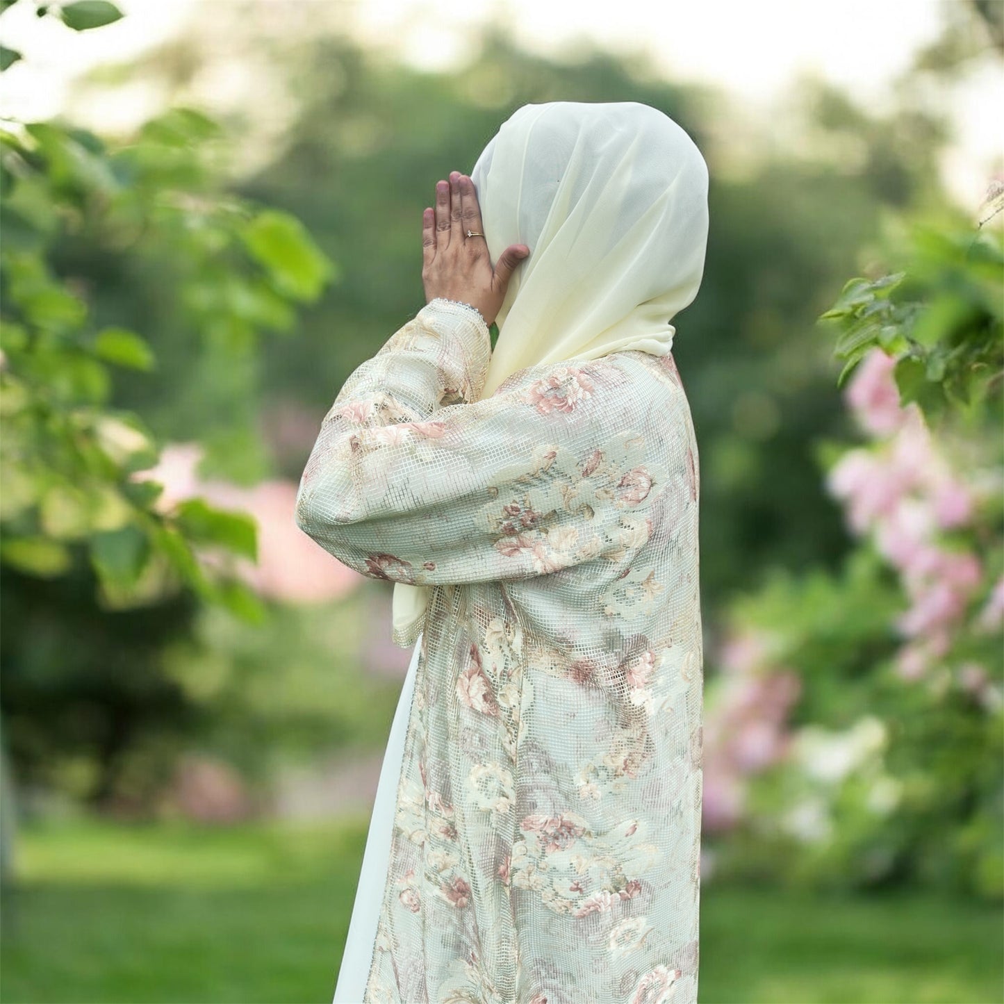 Butter Yellow floral abaya fabric close up, soft, lightweight material