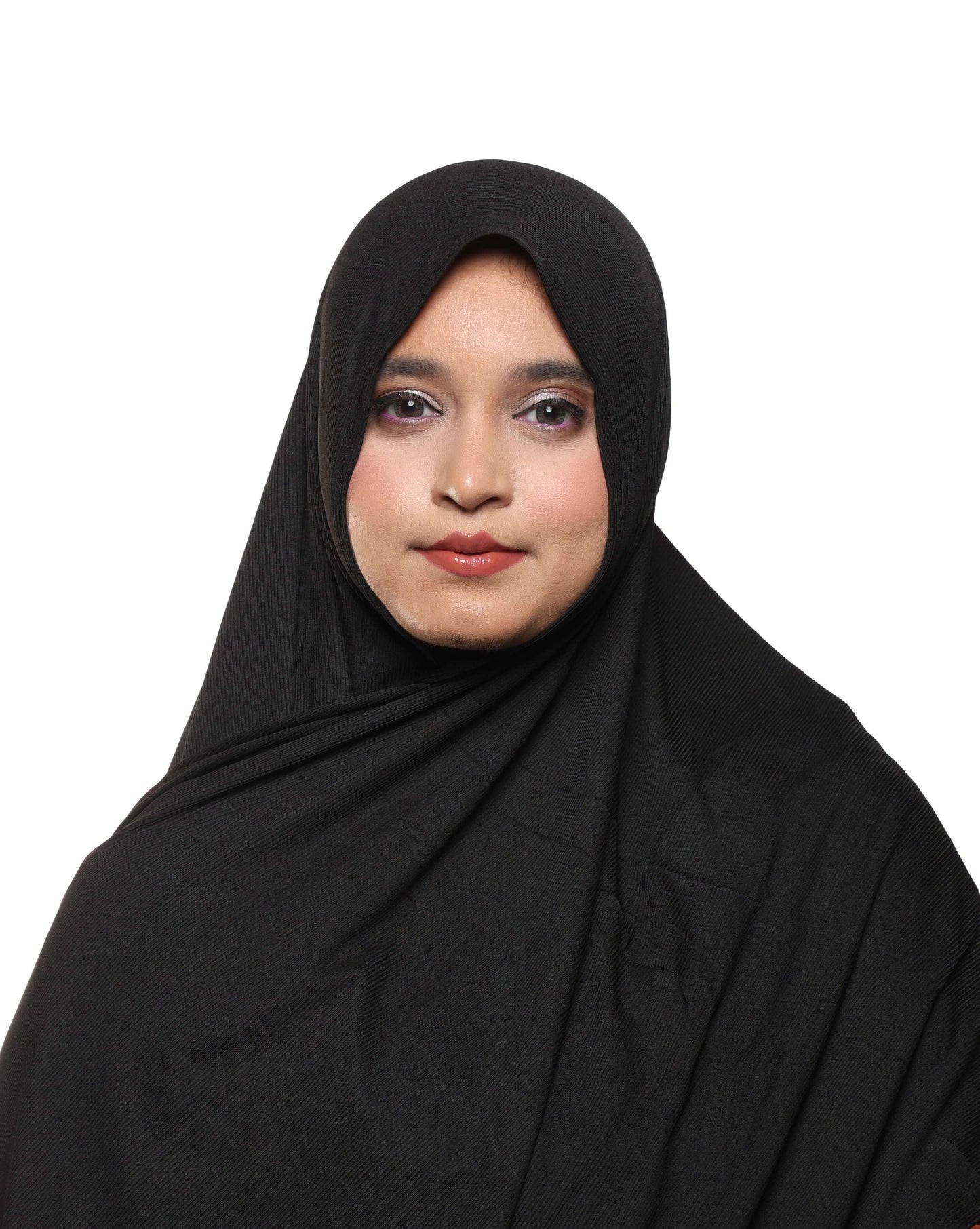 Front view of classic black textured jersey hijab timeless modest scarf – Qalbi