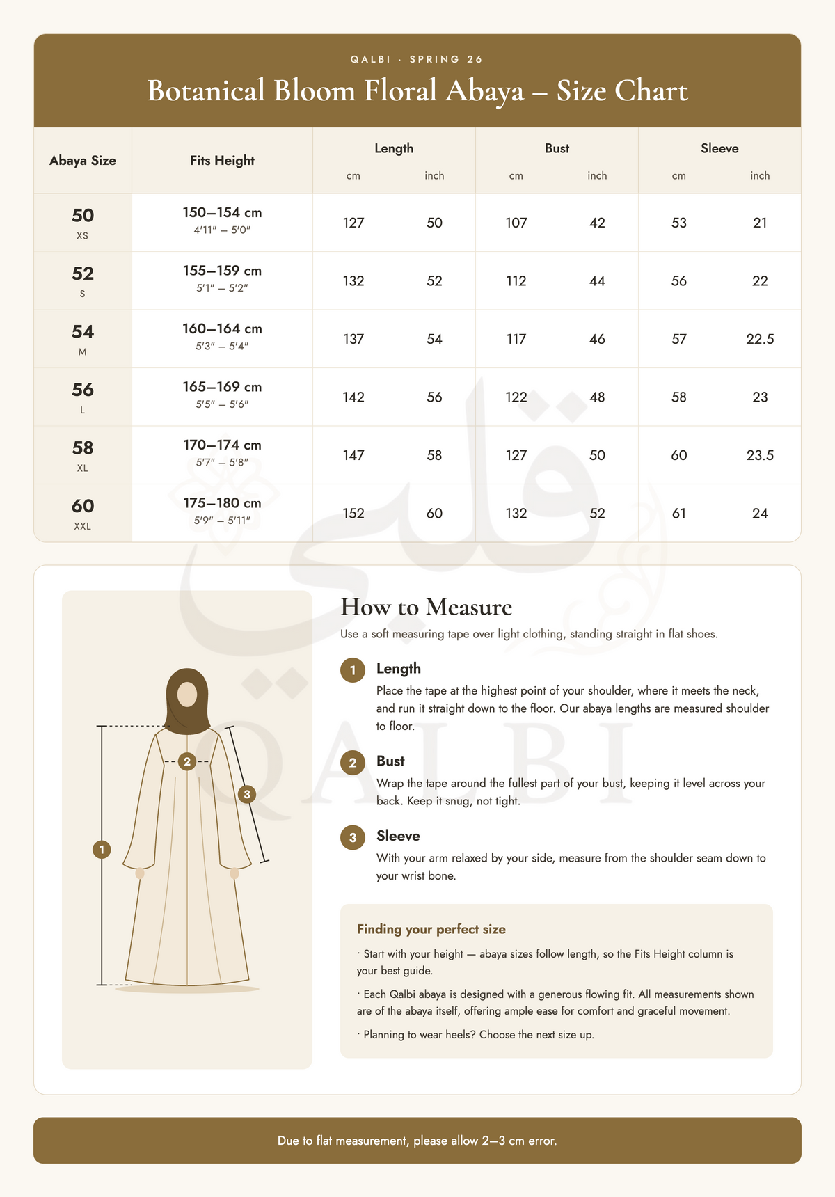 Botanical Bloom Floral Abaya - Size Chart