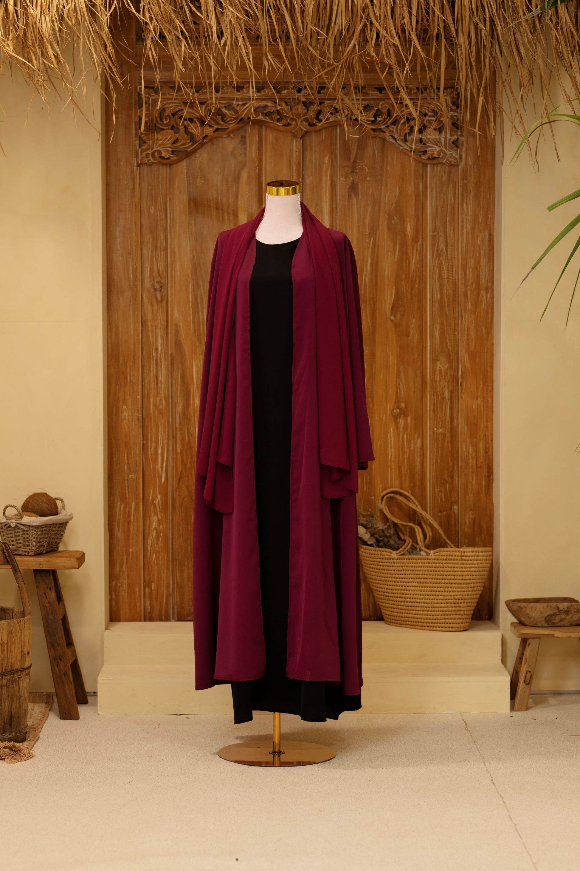 burgundy classic abaya highlighting the smooth fall and breathable fabric — Classic Abaya Burgundy Bliss.