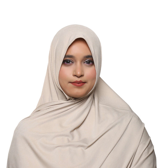 Front view of cashew beige textured jersey hijab neutral shade scarf – Qalbi
