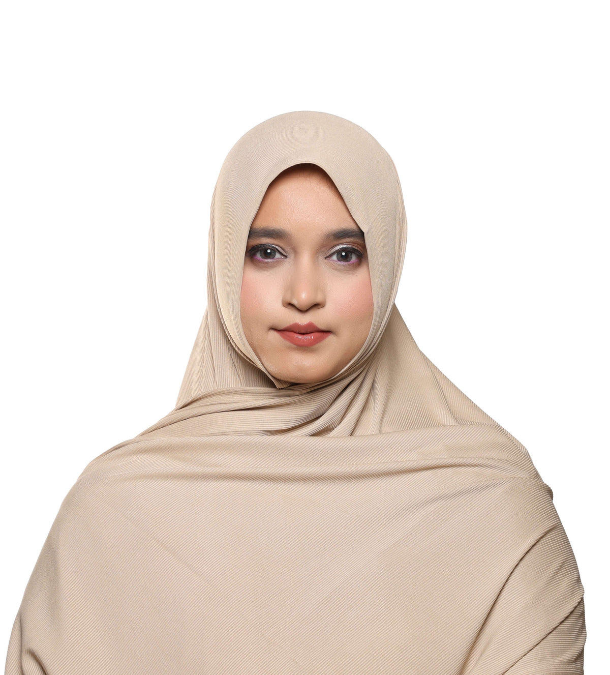 Front view of champagne beige textured jersey hijab elegant modest scarf – Qalbi