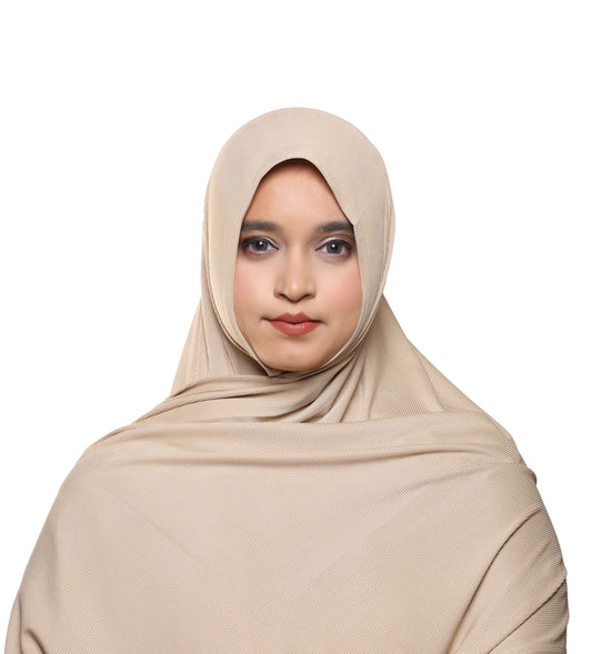 Front view of champagne beige textured jersey hijab elegant modest scarf – Qalbi