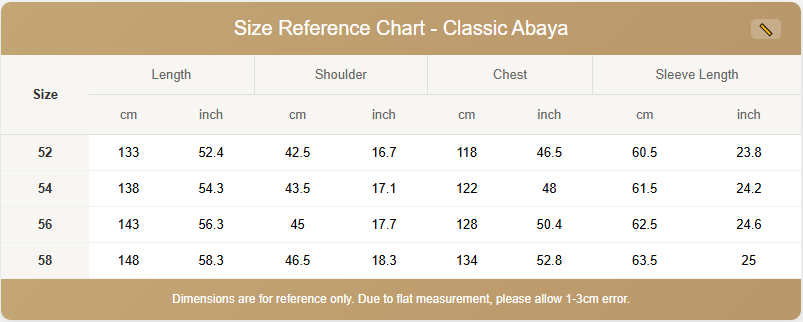 Size reference chart for Classic Abaya with measurements in centimeters and inches.