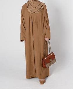 Front view of cocoa brown crinkle abaya 3-piece set with hijab – Qalbi modest clothing