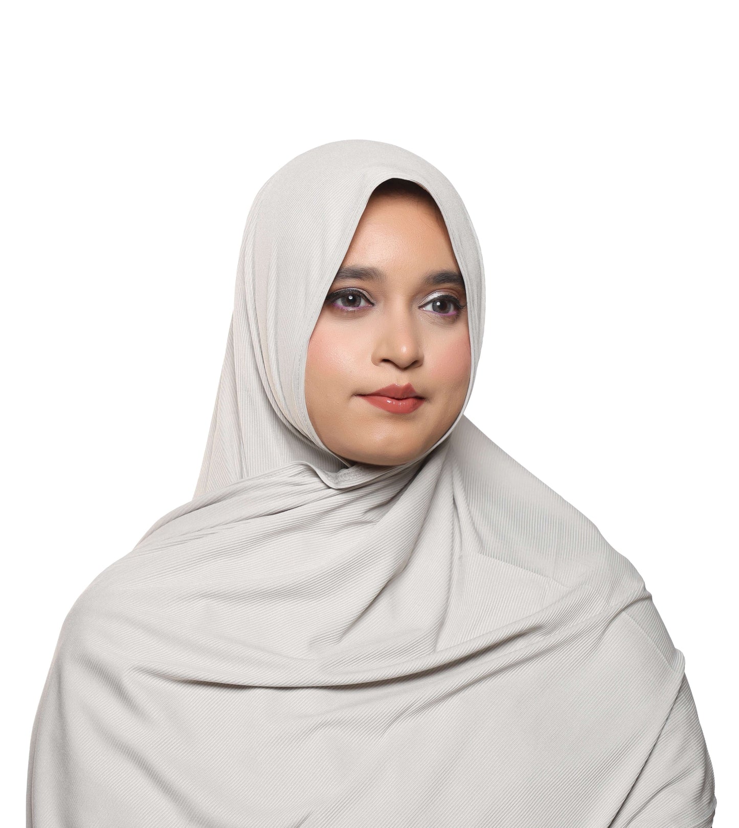 Close-up view of dove grey textured jersey hijab neutral shade scarf – Qalbi