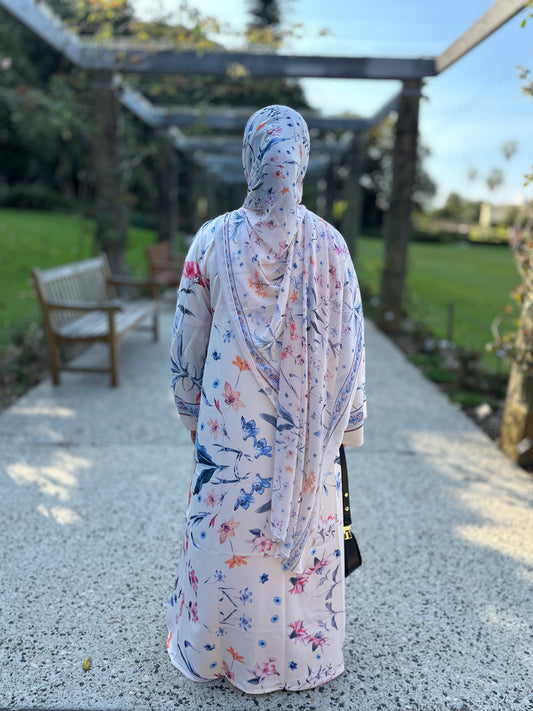 Botanical Bloom Peach Cream floral Korean Nida abaya with matching hijab by Qalbi
