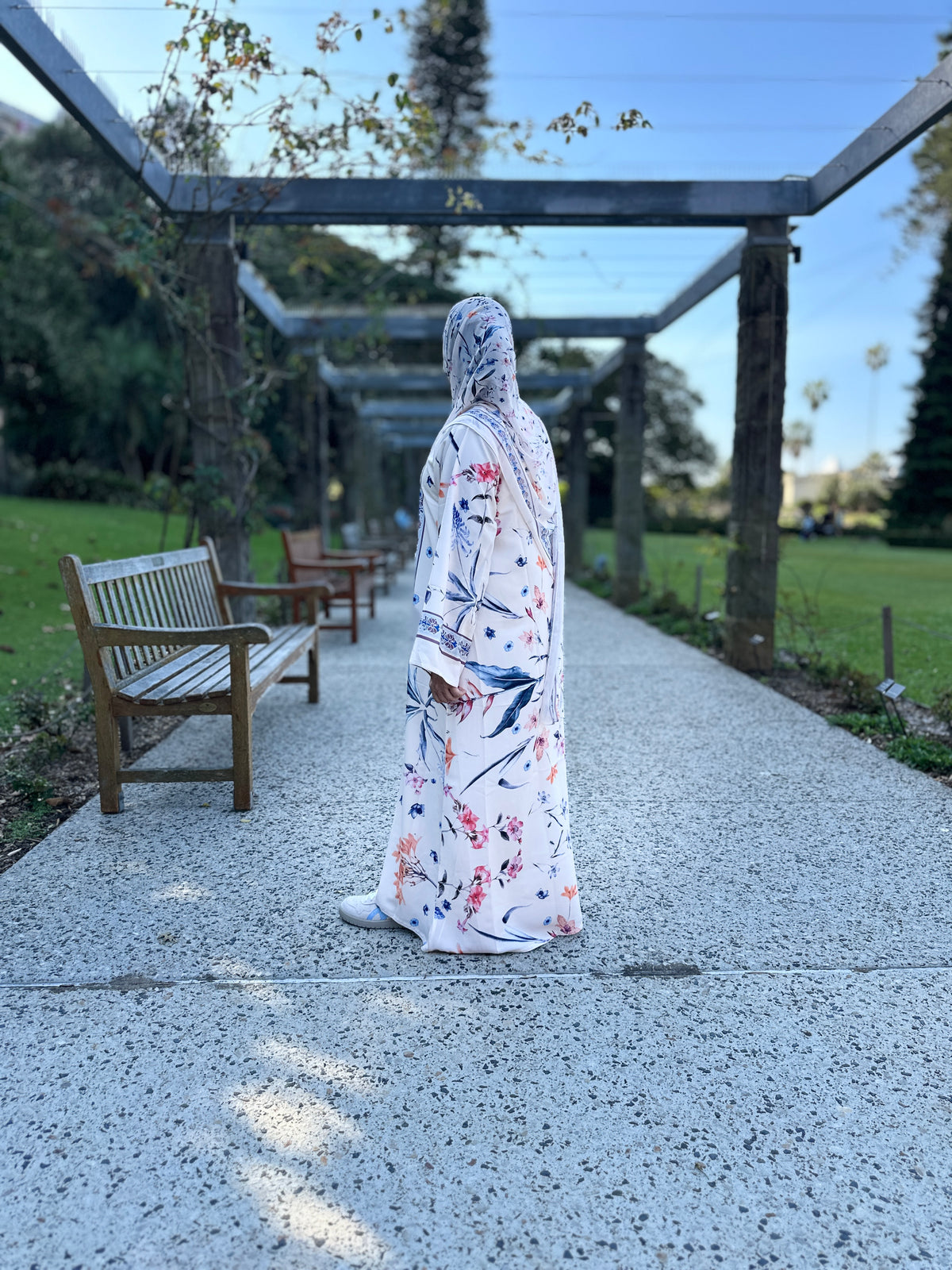 Peach Cream floral abaya styled with matching chiffon hijab