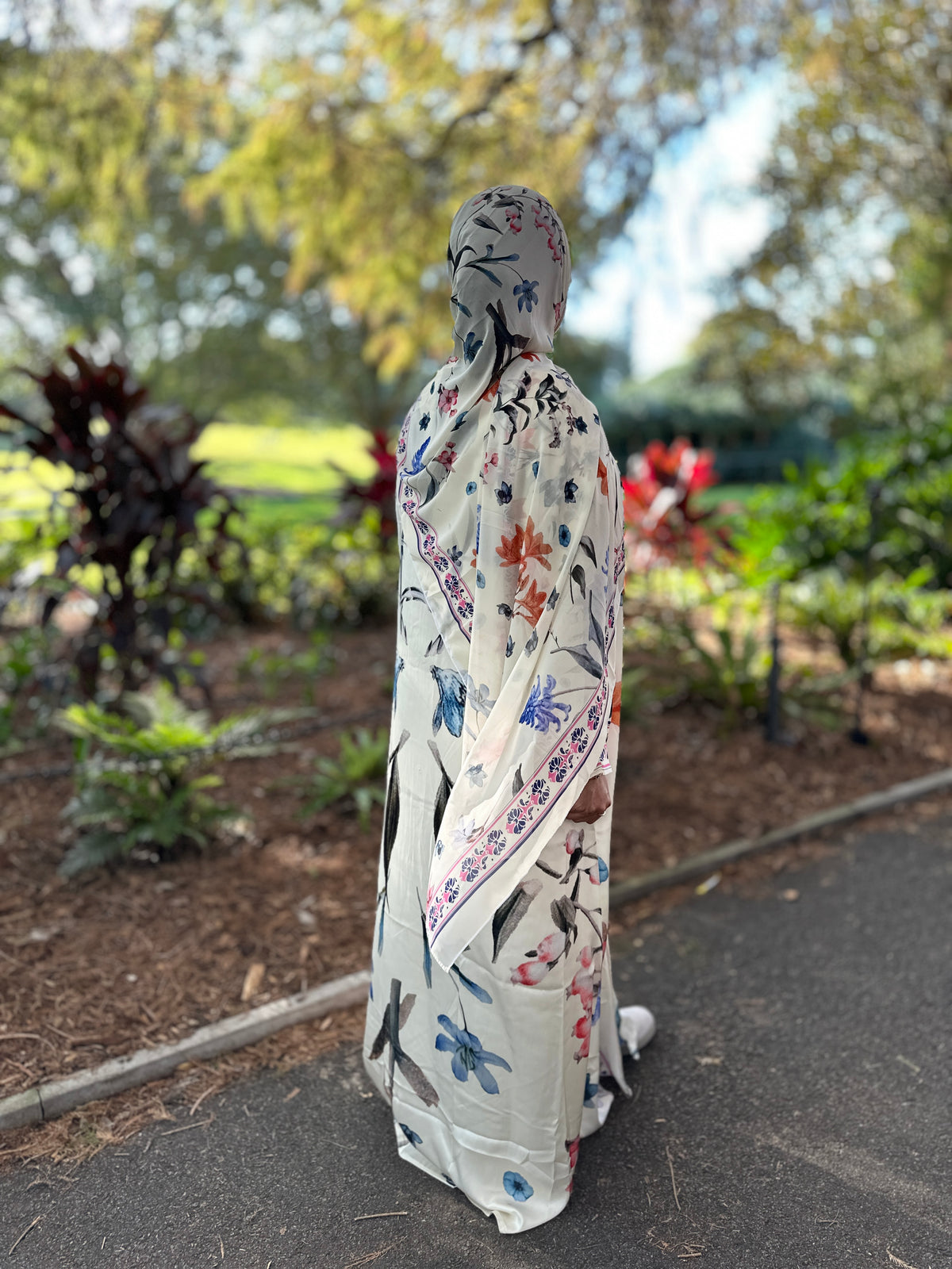 Botanical Bloom Buttercream floral Armani Silk abaya side view