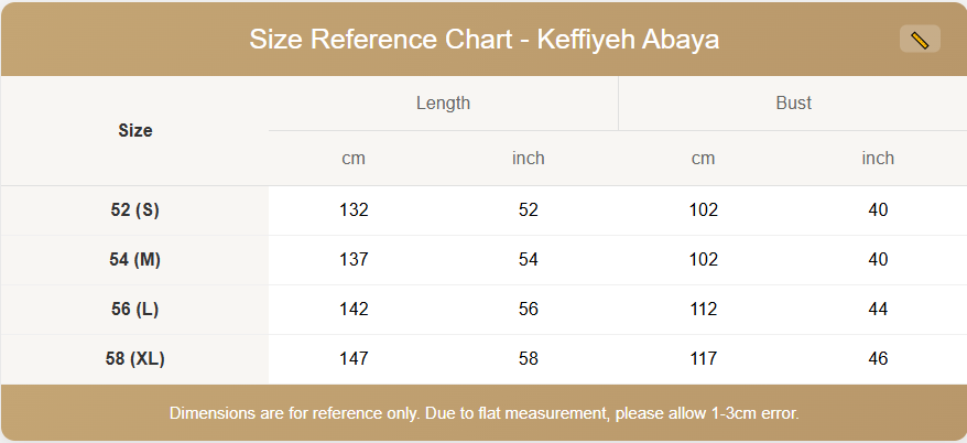 Size reference chart for an Abaya with measurements in centimeters and inches.