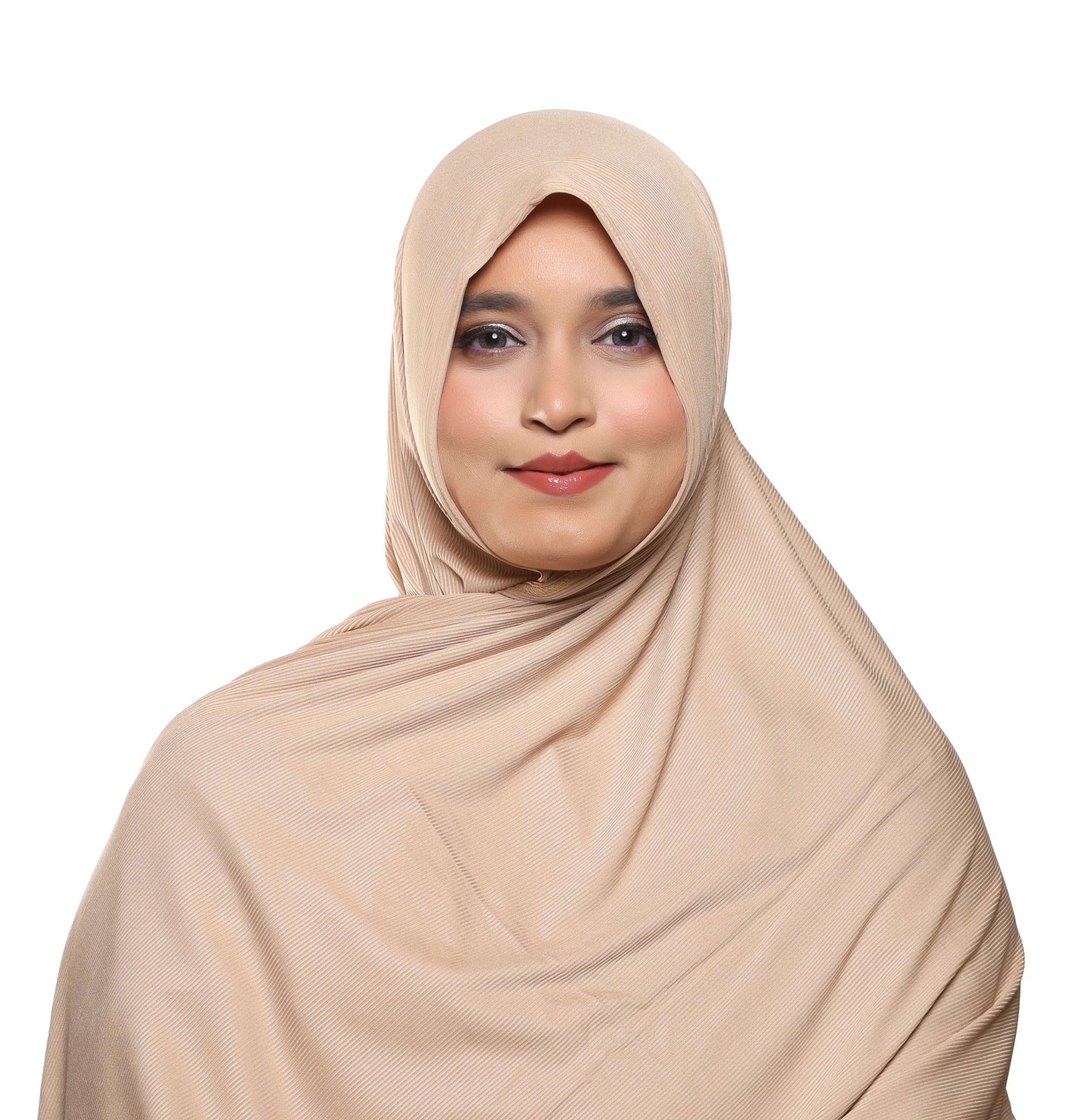 Woman wearing a textured mocha hijab on a white background.