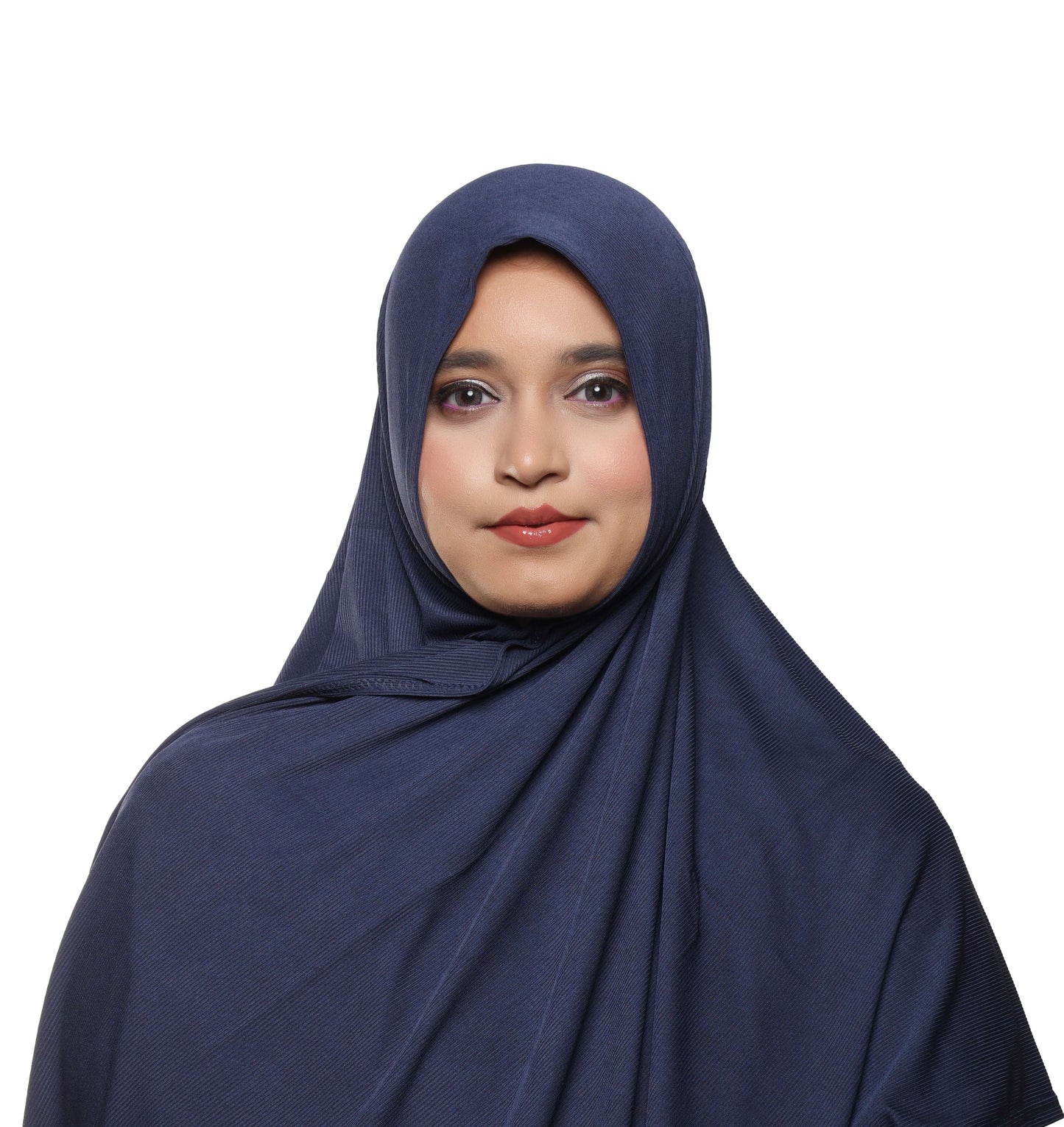 Front view of navy blue textured jersey hijab neutral shade scarf – Qalbi