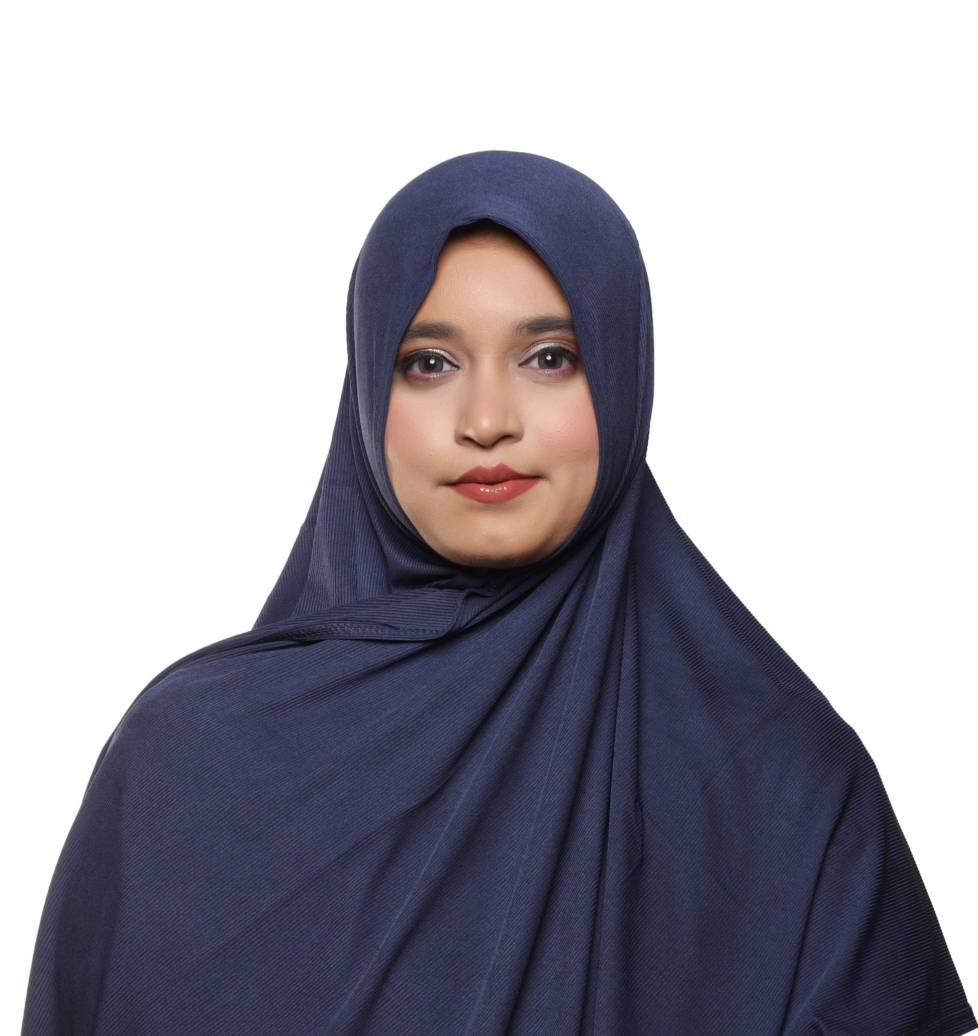 Front view of navy blue textured jersey hijab neutral shade scarf – Qalbi