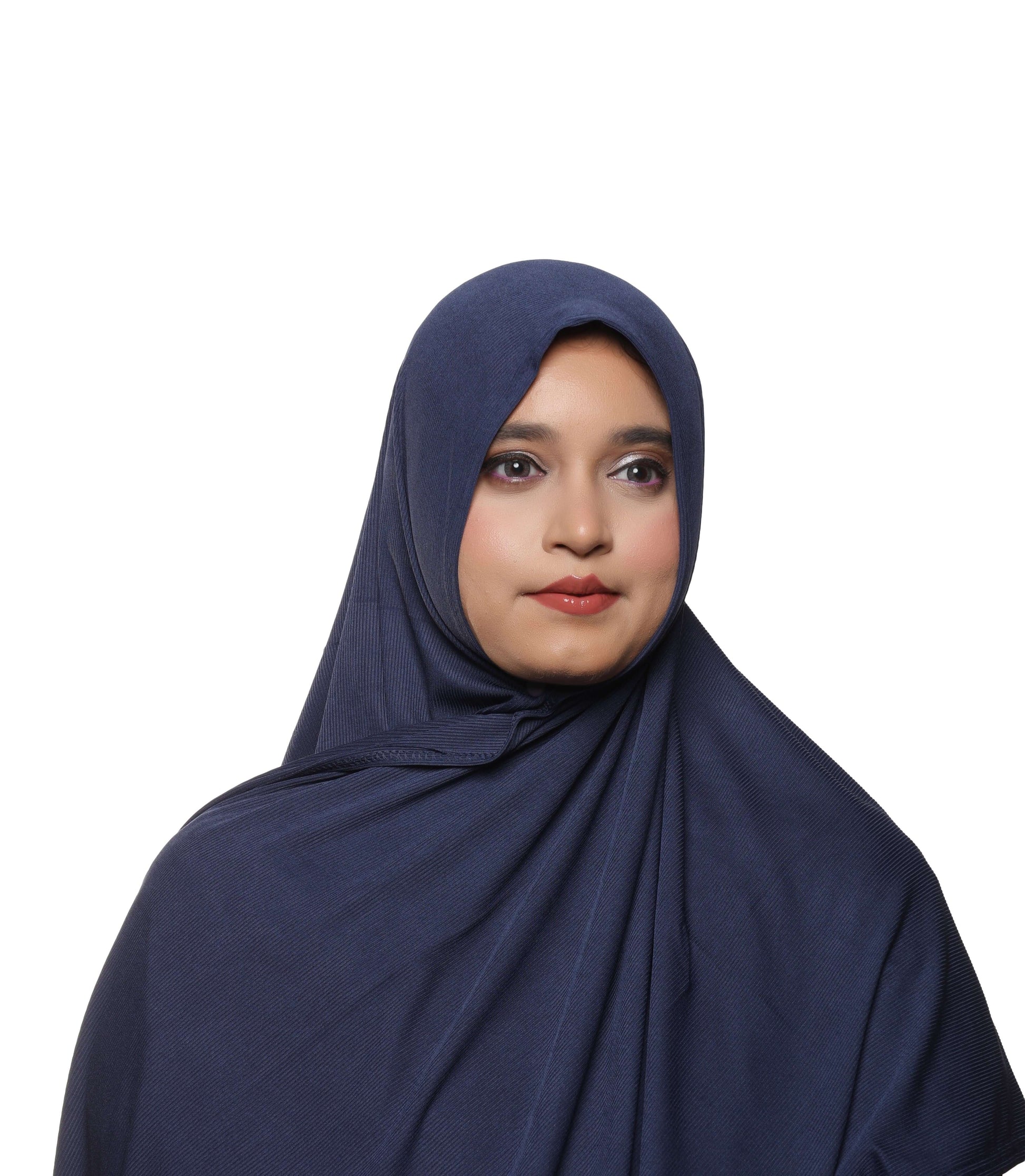 Close-up view of navy blue textured jersey hijab neutral shade scarf – Qalbi