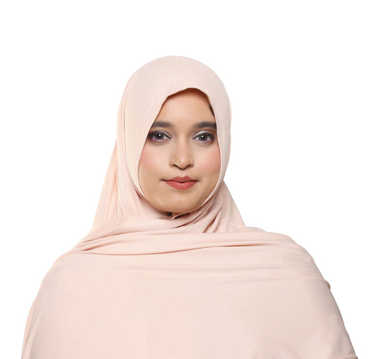 Front view of peach blush textured jersey hijab feminine soft scarf – Qalbi 