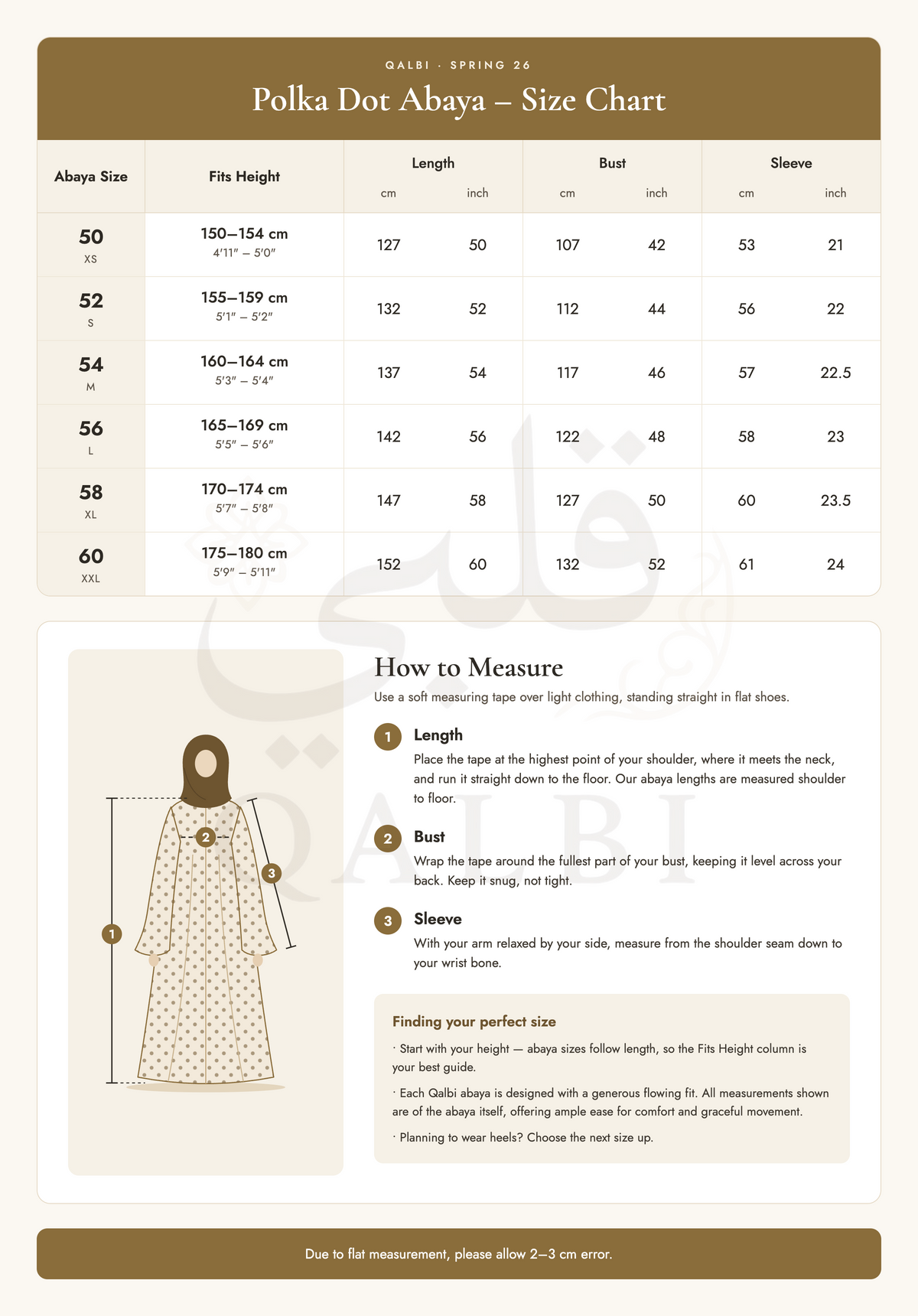Polka Dot Abaya - Size Chart