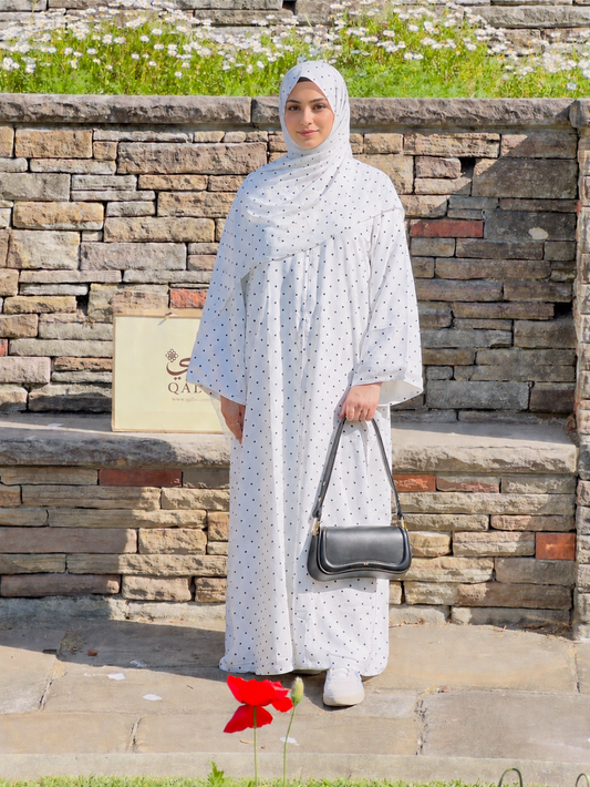 Nuqta Soft White polka dot abaya with matching chiffon hijab by Qalbi