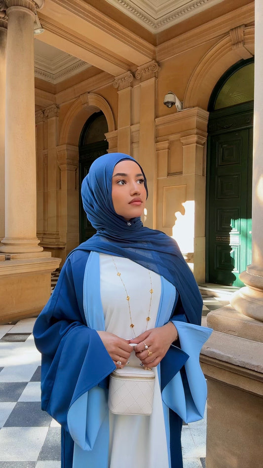 Front view of Riwaaya double-sided abaya in midnight blue haze – Qalbi modest wear