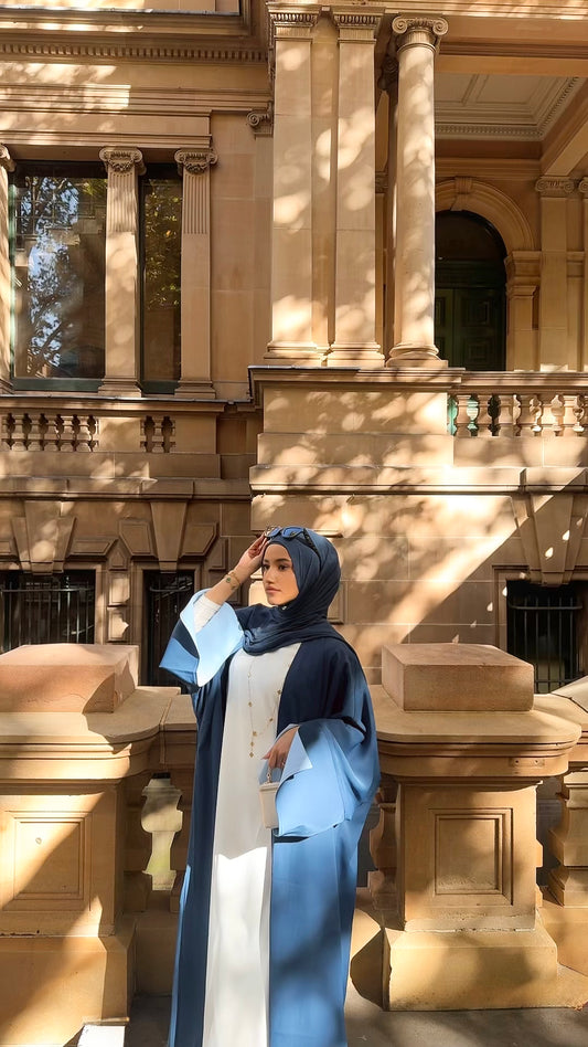 Reversible Abaya in Midnight Blue styled beautifully in Australia