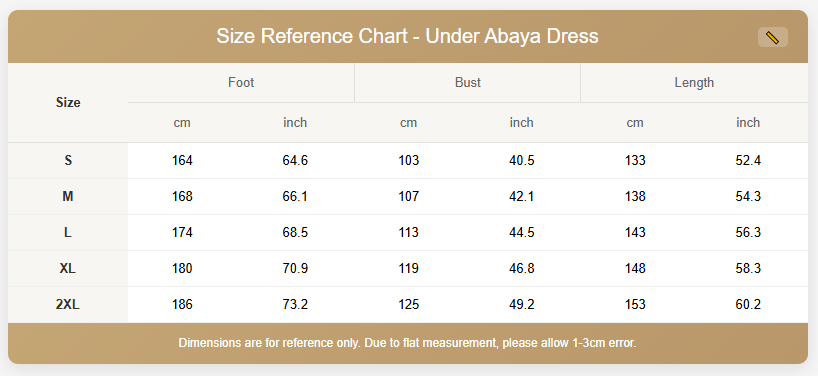 Size Guide for white under abaya dress perfect layering piece – Qalbi modest wear