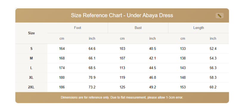 Size reference chart for under abaya dress with measurements in centimeters and inches.