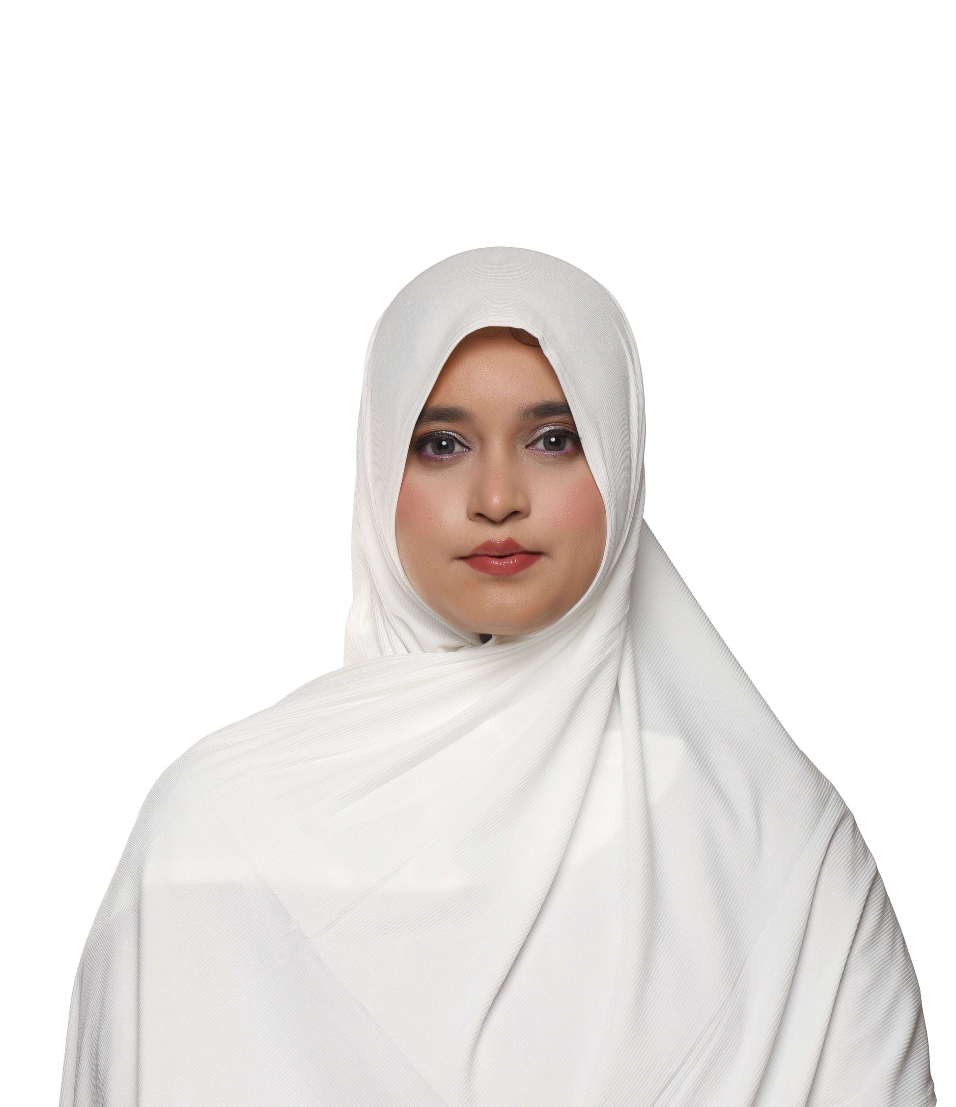 Front view of Pure white textured jersey hijab scarf – Qalbi
