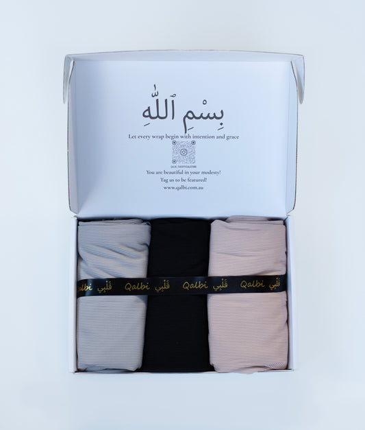 Qalbi Hijab Gift Box with six textured jersey hijabs and a greeting card