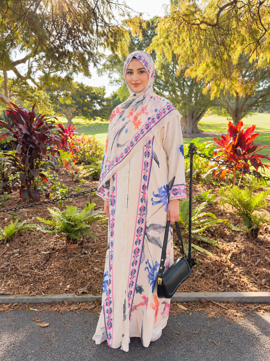 Botanical Bloom Abaya - Buttercream