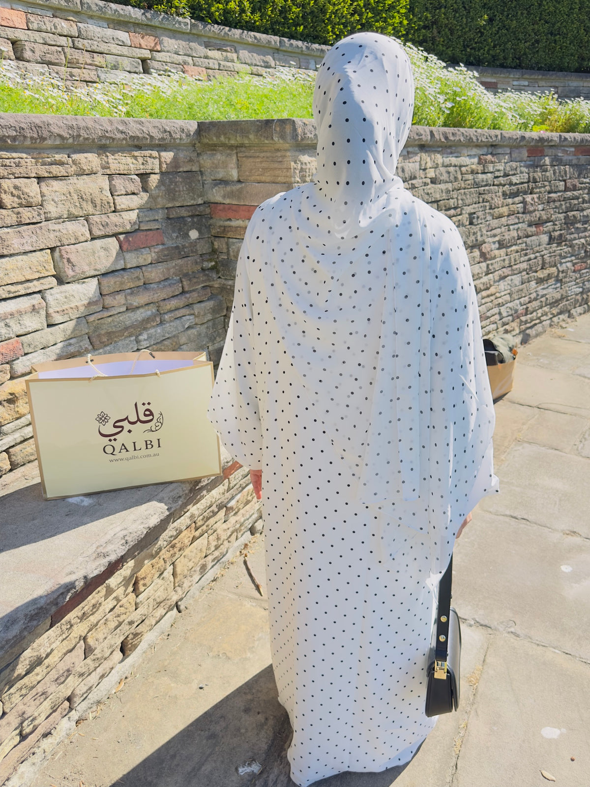 qalbi polka dot abaya with matching chiffon hijab back view